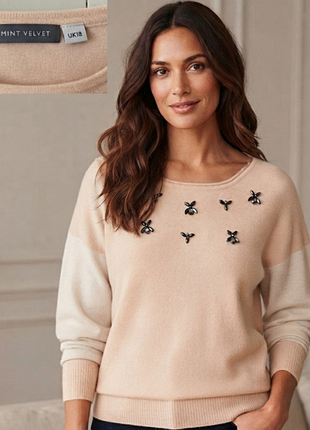 Бежевый джемпер свитер mint velvet uk18 шерсть, альпака, украшен камнями