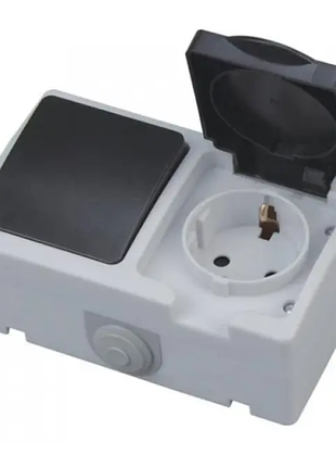 Розетка с заземлением с крышкой horoz electric atom + выключатель 10а 250v ip54 серая (112-100-0003-010)