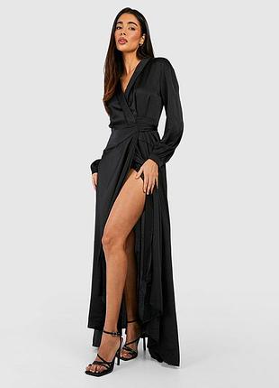 Жіноча чорна атласна максі сукня на запах boohoo occasion, розмір l / xl (uk 16)