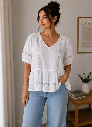 Блуза f&f 100% бавовна біла бохо з мереживом oversize (м/l/xl)
