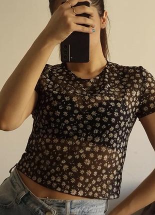 Футболка-сітка жіноча в ромашки h&m m чорна