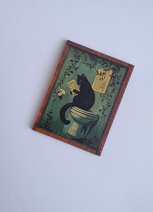 Необычный ретро магнит черный кот, магнит на холодильник, магніт кіт, сувенир деревянный, декор, аксесуар, мініатюра, маленька картина