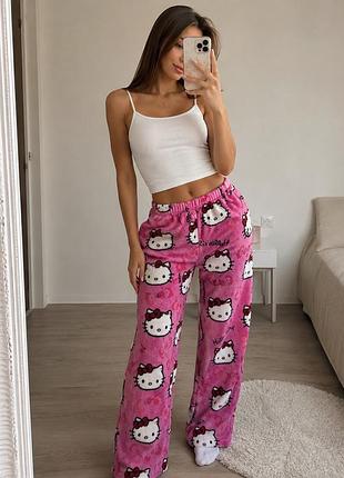 Hello kitty штани рожеві домашні / піжамні плюшеві teddy fuzzy xs–s | хелло кітті