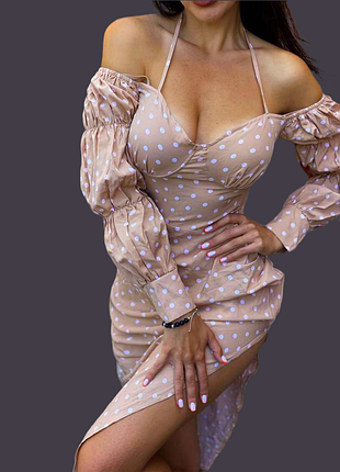 Распродажа платье prettylittlething миди горох с открытыми плечами