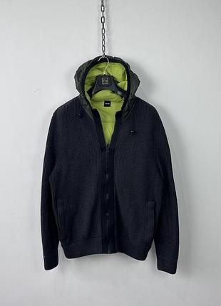 Куртка кофта hugo boss mens xxl heavy virgin wool knit padded hybrid jacket hooded grey