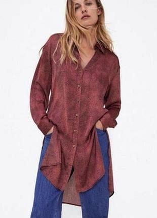 Рубашка женская блуза удлиненная zara s туника бордовый коричневый с черным принтом