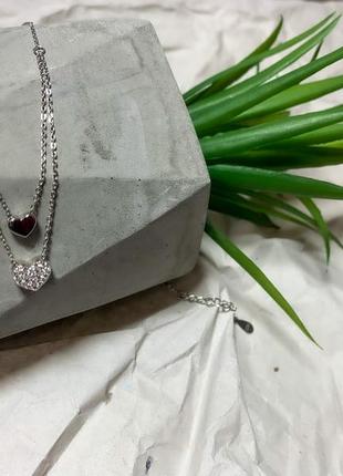 Двойное серебряное колье с двумя сердечками 925