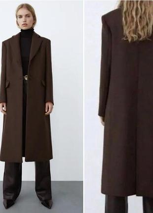 Вовняне пальто zara шоколадного кольору прямого крою