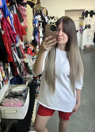 Парик длинный блонд платиновый с омбре шоколад с удлиненной челкой
