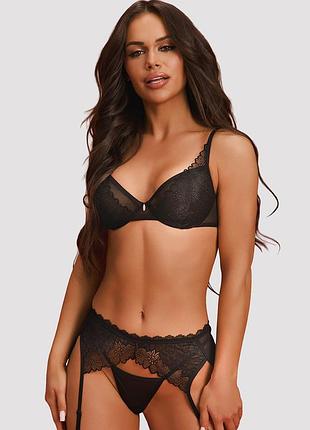 Deina more set  bra, garter belt & thong black obsessive чорний комплект білизни з мережива з поясом для панчіх