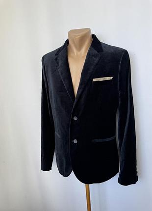 H&m бархатный пиджак синий нарядный концертный мужской бархат slim fit