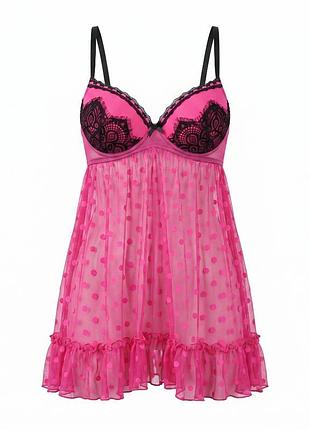 Пеньюар нічна сорочка babydoll collection 80b яскраво рожева з чорним прозора в горошок з рюшами s m