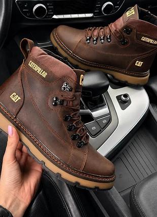 Зимние кожаные ботинки  на меху cat rocky rider chocolate