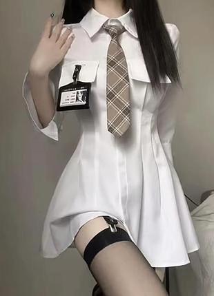 Біла міні сукня сорочка  з краваткою шнурівкою та бейджиком sexy business-casual , модерн , office sirene