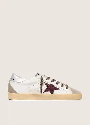 Кеди golden goose super-star burgundy glitter star/ silver heel tab