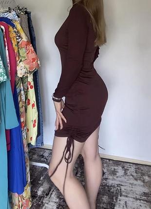 Misspap шоколадна міні сукня гольф в рубчик зі стяжками плаття туніка