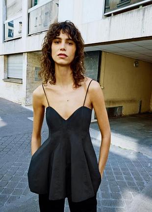 Zara черный топ на бретельках s блузка с баской поплин хлопок