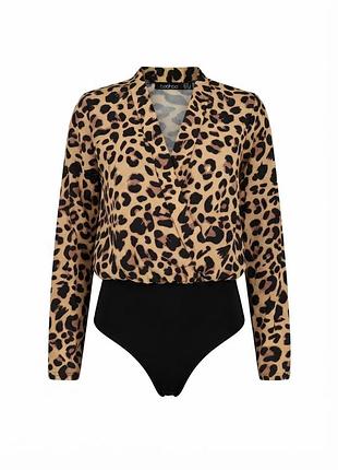 Леопардовое боди boohoo с длинным рукавом и запахом, размер 34 (eu) / 6 (uk)