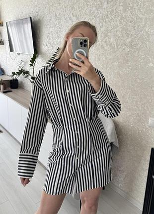Нова жіноча сукня-сорочка міні h&m, xs-s-m, в чорно-білу смужку, довгий рукав, приталена, на гудзиках, бавовна, базова, стильна, платье рубашка