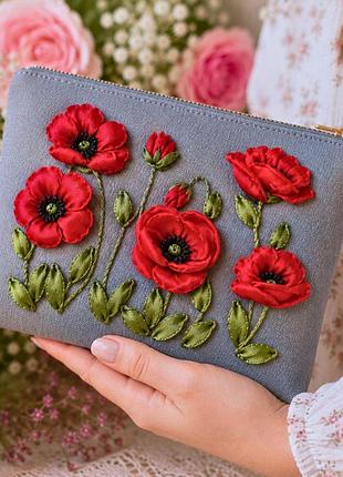 Косметичка ручної роботи, вишита стрічками, лляна, джинсова