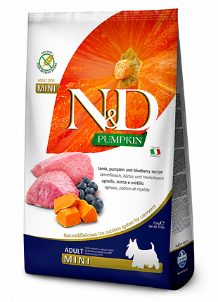 Сухой корм farmina n&amp;d pumpkin gf dog lamb &amp; blueberry adult mini беззерновой сухой корм с ягненком, тыквой и черникой для взрослых собак мелк