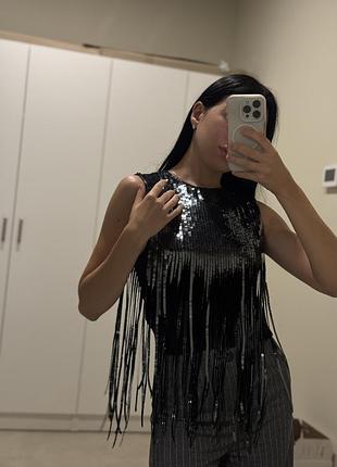 Крутий вечірній топ в пайетки чорна майка блуза в пайетки h&m
