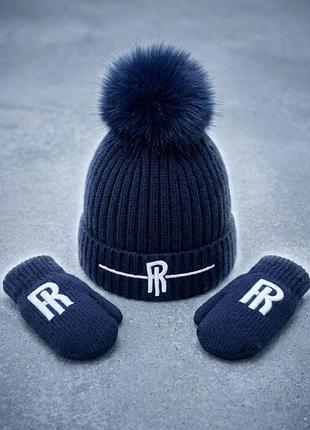 River island дитячий зимовий комплект з шапки та рукавичок темно-синього кольору 1-5 років