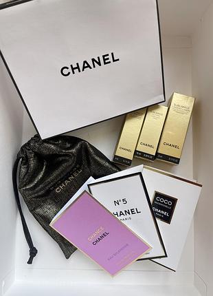 Подарунковий набір chanel :фірмовий мішечок sublimage ,мініатюри кремов для обличчя sublimage,та семли парфумів-3 одиниці
