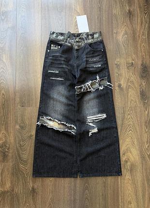 Широкие джинсы distrissed camo черные камуфляжные рваные baggy y2k sk8 потертые washed m