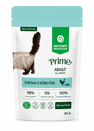Влажный корм для котов nature's protection prime adult cats skin&amp;coat chicken and white fish для ухода за кожей и шерстью с курицей и белой рыбой