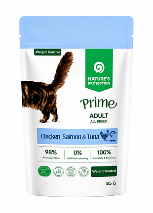 Nature's protection prime adult cats weight control chicken, salmon and tuna влажный корм для котов для контроля веса с курицей, лососем и тунцом 85