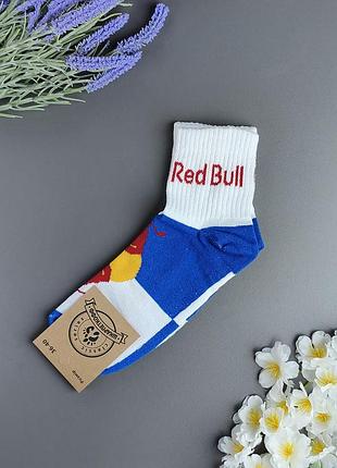Белые высокие женские носки носокоф с брендовым принтом "red bull" и сине-красным дизайном, размер 36-40