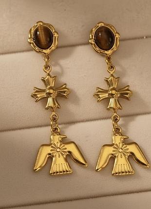 Серьги с подвесками-птицами нержавеющая сталь натуральные камни