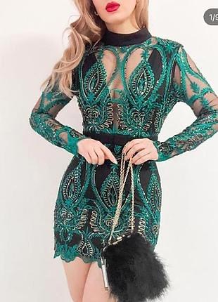 Нова сукня міні у пайєтках boohoo коротка жіноча сіточка мереживо з довгими рукавами з вишивкою святкова нарядна плаття вечірня чорна зелена