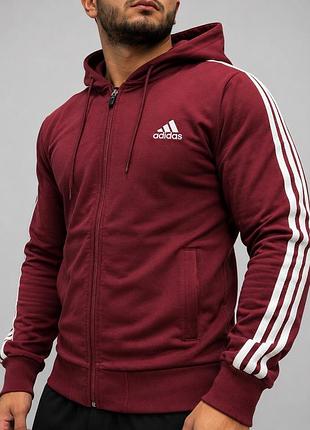 Чоловіча зіпка adidas бордова з капюшоном на блискавці кофта з лампасами демісезонна трикотаж