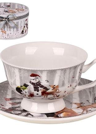 Чашка з блюдцем snowman's friends r36271 180 мл ø14 см у подарунковій коробці сіро-біла