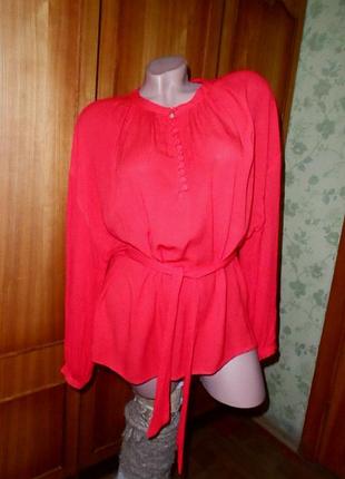 Гарна червона блузка l-xl під пояс тканина жатка 100% котон із довгим рукавом