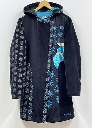 Desigual демі сезонне пальто трапеція з капюшоном куртка вітрівка східний етно бохо стиль оксамит мікро вельвет чорний жіночий підлітковий xxs xs s