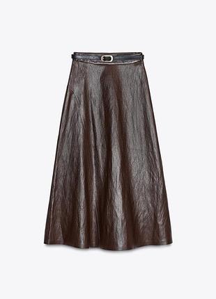 Коричневая юбка миди эко кожа zara