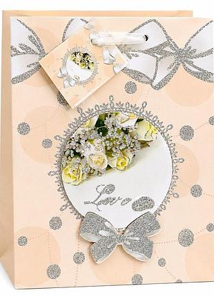 Пакет подарочный свадебный wedding 23×18×10 см, плотный картон, аппликация, люрекс, ручки из фатина