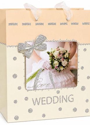 Пакет подарунковий весільний wedding 23×18×10 см, щільний картон, аплікація, люрекс, ручки з фатину