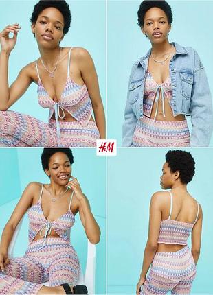 Летний вязаный кроп топ на завязке пляжный диско h&m
