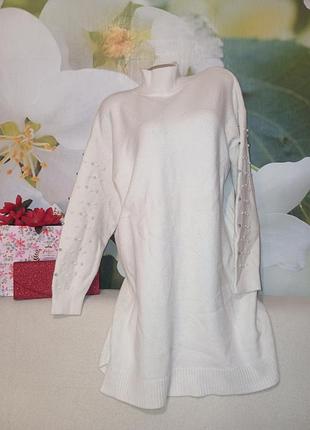 Белое теплое платье гольф с бусинами р.l/xl