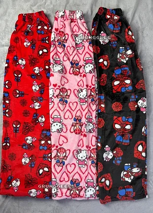 Плюшевые брюки hello kitty&amp;spiderman трендовые брюки хелоу коти флисовые пижамные брюки человек-паук