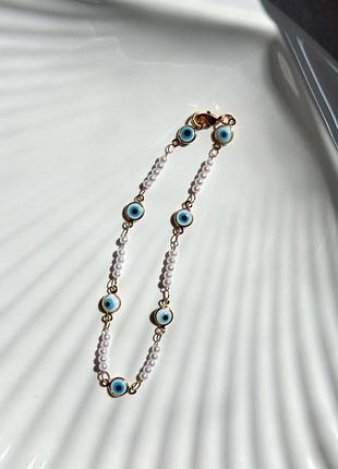 Анклет зі штучними перлинами evil eye, браслет на ногу золотий «око диявола» око від вроку, ланцюжок на ногу золотистий зі штучними перлами