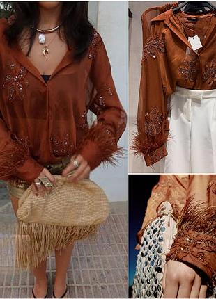 Сорочка/блуза zara, з вишивкою та пір’ям на манжетах.