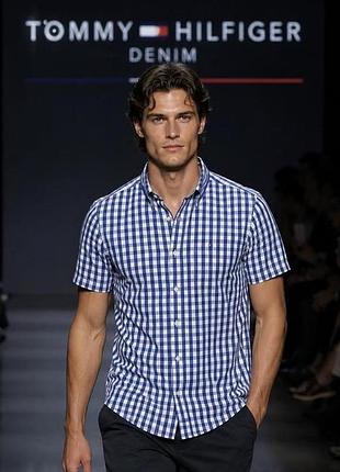 Рубашка мужская Tommy hilfiger синяя в клетку, размер s 100% хлопок