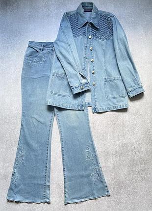 Голубой джинсовый костюм джинсы и жакет пиджак блейзер lafei hier jeans