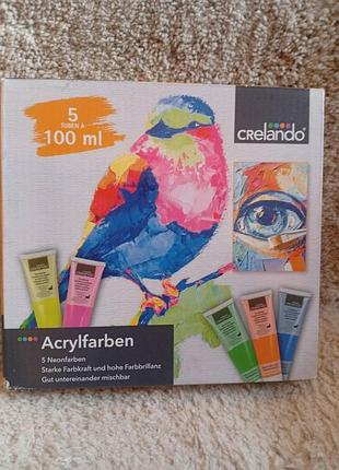 Набор акриловых красок crelando acrylfarben (серия neonfarben), состоящая из 5 тюбиков объемом по 100 мл каждый.