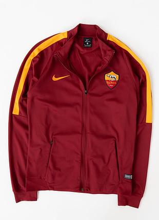 Чоловіча, спортивна куртка, олімпійка nike x fc roma у насиченому, бордовому кольорі з контрастними, золотисто-жовтими вставками. модель виконана у фу